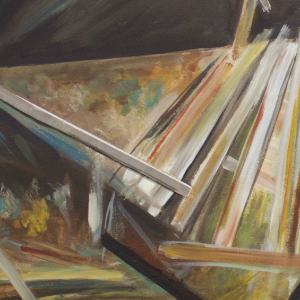 Abstract, textural painting of a shed falling apart on a golden field.